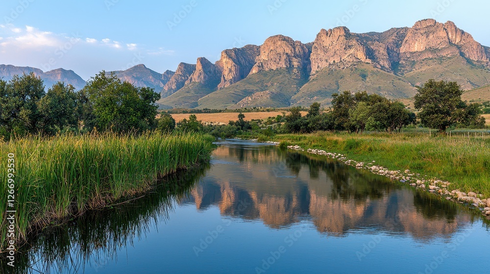 Obraz premium Serene Landscape with River and Mountain Reflections Under Clear Blue Sky at Golden Hour