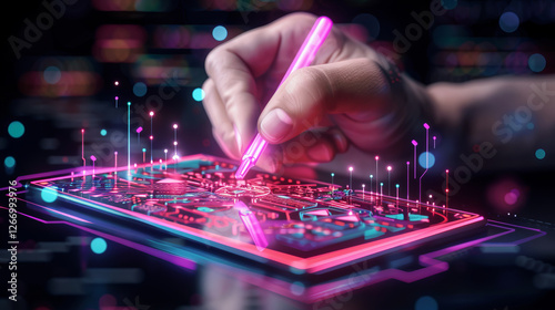 Circuitry Design: A hand wielding a stylus draws intricate circuits onto a digital interface, the lines glowing neon pink against a backdrop of vibrant blue and purple hues.