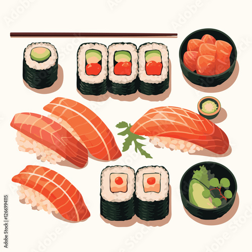 food, asian, restaurant, japanese, meal, delicious, sushi, cuisine, chinese, fresh, japan, rice, japanese food, japanese cuisine, smile, tasty, woman, illustration, man, gourmet, art, background, tabl