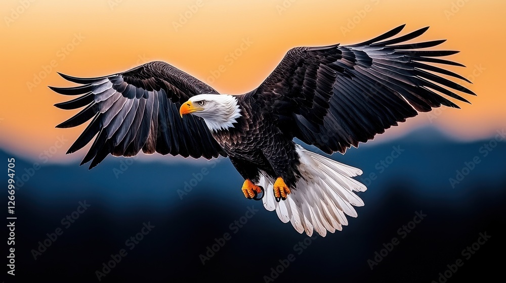 Fototapeta premium Majestic Bald Eagle Soaring Against a Vibrant Sunset Over Mountain Landscape