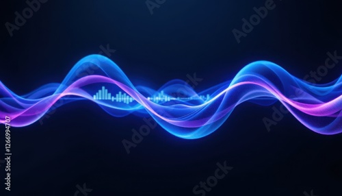 Vibrant blue and purple abstract waves with soundwave pattern on dark background