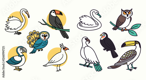Collection of various bird species icons, vector cartoon illustration. Features swan, owl, raven, peacock, falcon, toucan, puffin.