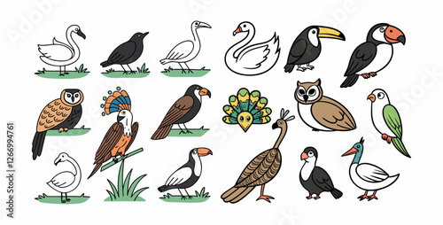 Wallpaper Mural Collection of various bird species icons, vector cartoon illustration. Features swan, owl, raven, peacock, falcon, toucan, puffin. Torontodigital.ca