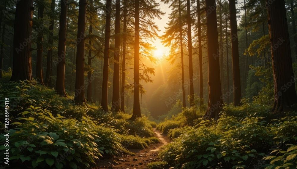 Fototapeta premium Sunlit forest pathway with majestic trees and lush greenery