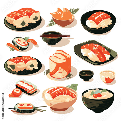 food, asian, restaurant, japanese, meal, delicious, sushi, cuisine, chinese, fresh, japan, rice, japanese food, japanese cuisine, smile, tasty, woman, illustration, man, gourmet, art, background, tabl