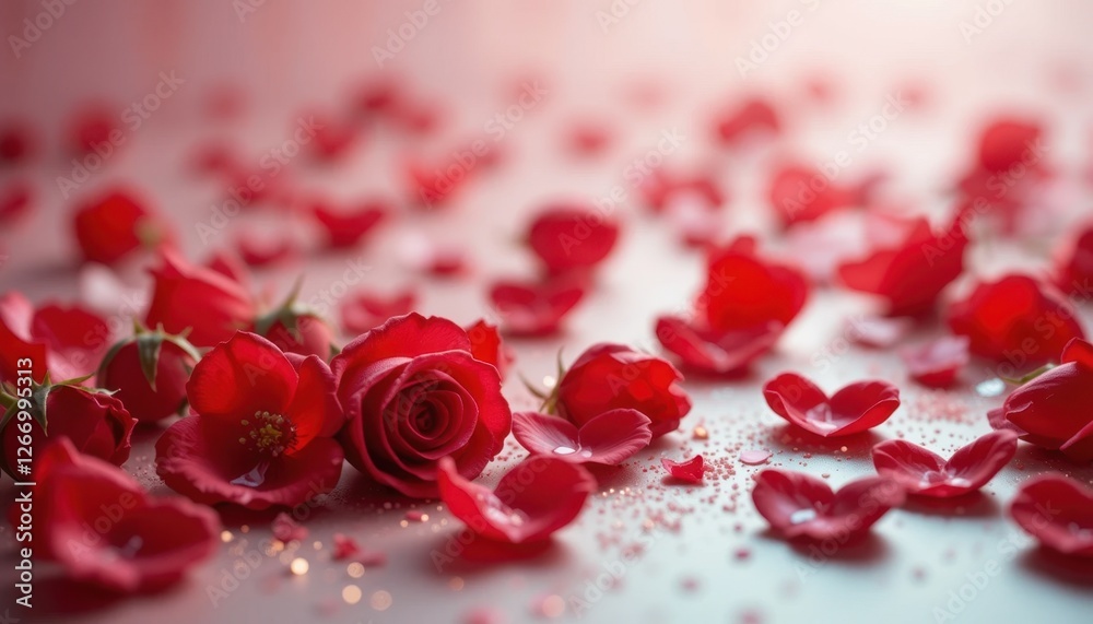 Red rose petals scattered on surface with gentle light and sparkles Red rose petals scattered on surface with gentle light and sparkles