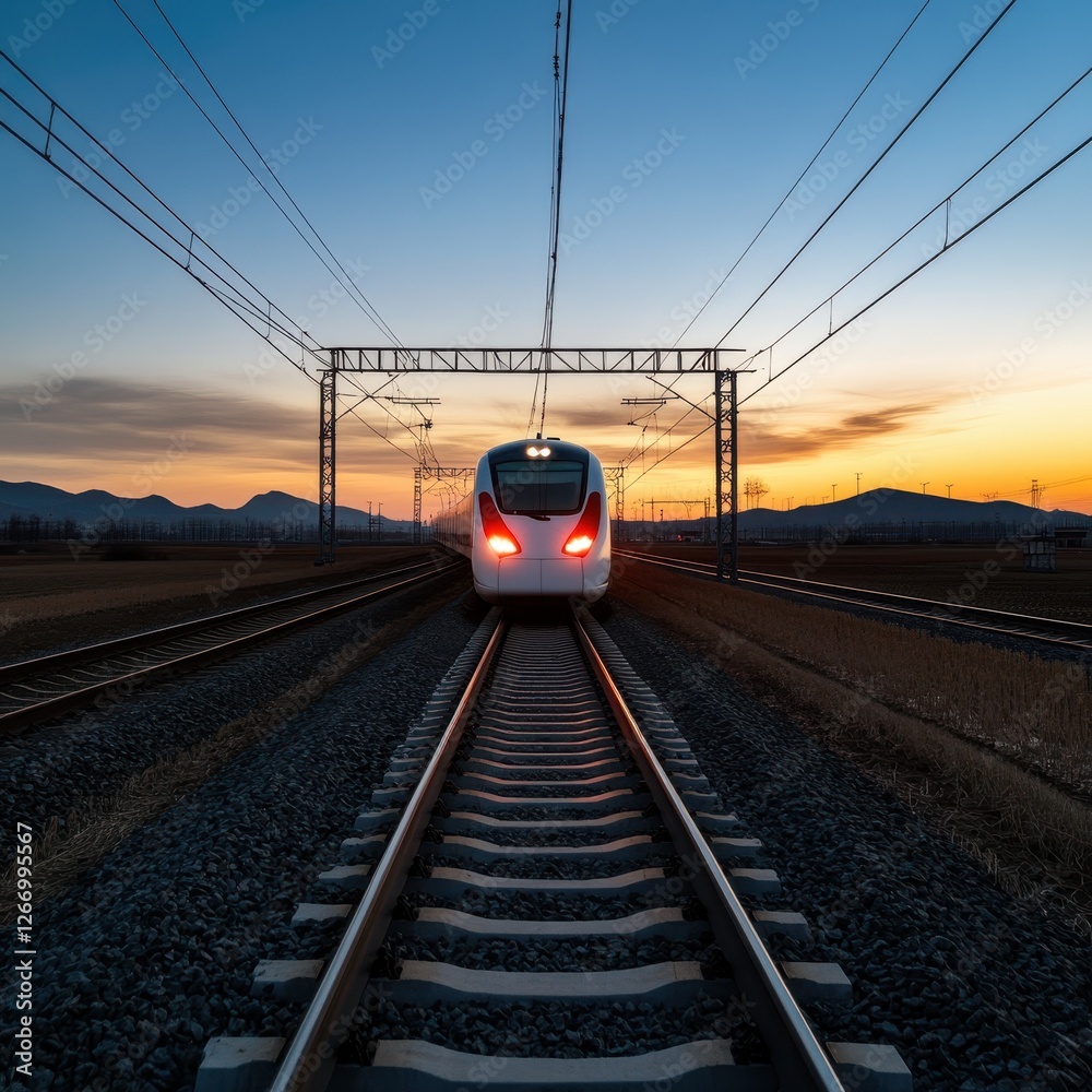 Fototapeta premium Modern Train Approaching Railroad Tracks and Mountains