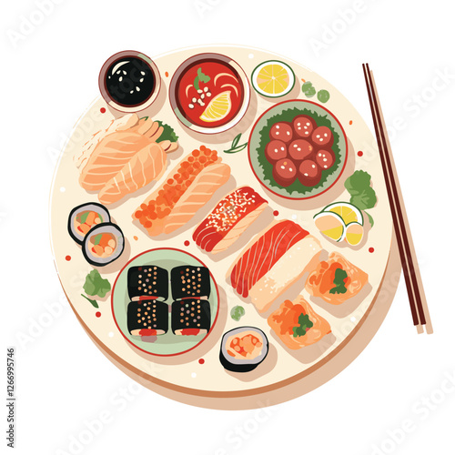 food, asian, restaurant, japanese, meal, delicious, sushi, cuisine, chinese, fresh, japan, rice, japanese food, japanese cuisine, smile, tasty, woman, illustration, man, gourmet, art, background, tabl
