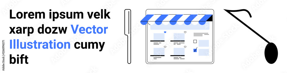E-commerce store webpage with storefront awning above, magnifying glass, sample text in blue and black. Ideal for website design, e-commerce, online shopping, digital marketing, user interface, SEO E-commerce store webpage with storefront awning above, magnifying glass, sample text in blue and black. Ideal for website design, e-commerce, online shopping, digital marketing, user interface, SEO