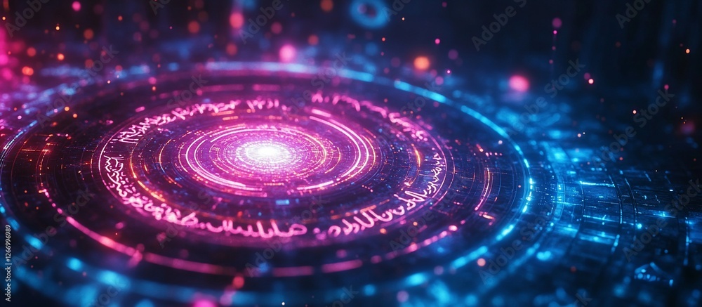 Obraz premium Vibrant cosmic swirl with glowing particles and intricate patterns in a digital universe