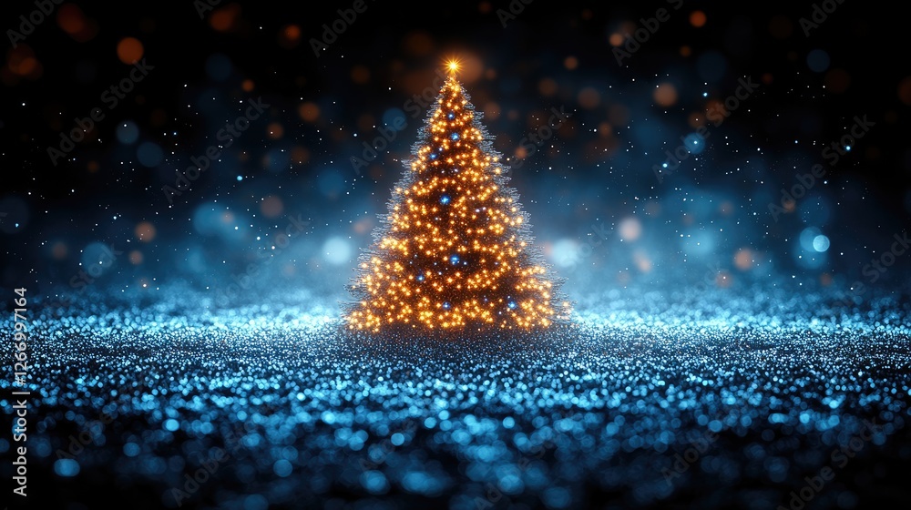 Naklejka premium A beautifully lit Christmas tree adorned with glowing lights, set against a shimmering blue background