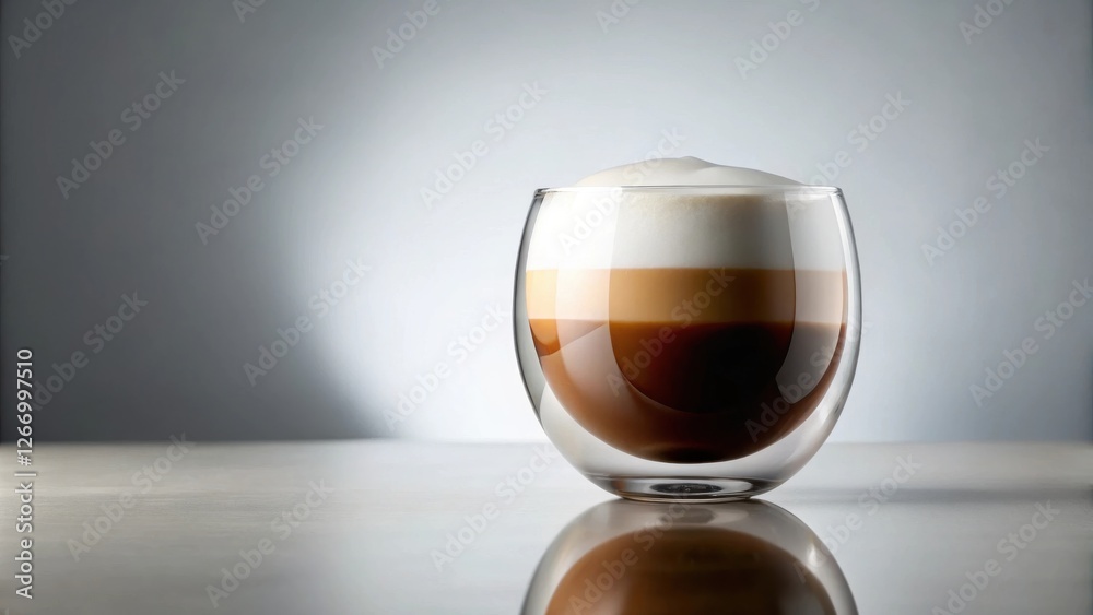 Layered coffee drink in a double-walled glass, showcasing rich crema and espresso Layered coffee drink in a double-walled glass, showcasing rich crema and espresso