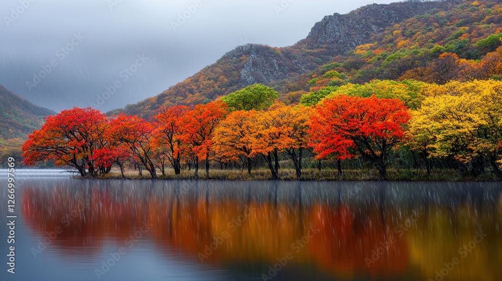Vibrant Autumn Foliage Reflected in Calm Lake Surrounded by Mountains and Overcast Sky Vibrant Autumn Foliage Reflected in Calm Lake Surrounded by Mountains and Overcast Sky
