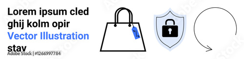 Shopping bag with tag, blue security shield with lock, circular refresh arrow. Ideal for e-commerce, online shopping, retail security, data protection, returns policy, customer trust flat landing