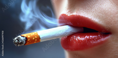 Fingers pressing down on a lit cigarette in a smoky environment close-up view of lifestyle concept photo