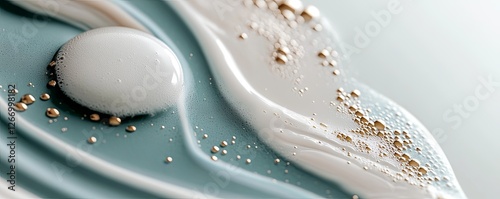 Abstract macro shot of soap bubbles on a teal liquid surface. Artistic texture with foam and reflections, symbolizing cleanliness, hygiene, chemistry, and fluid dynamics. photo