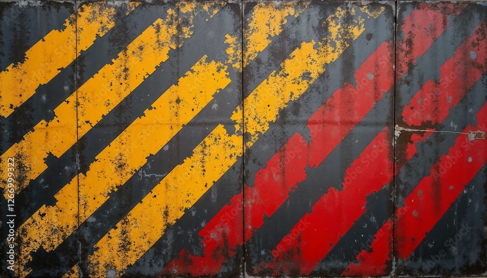 Obraz premium Rustic industrial wall with diagonal red, yellow, and black stripes for urban design