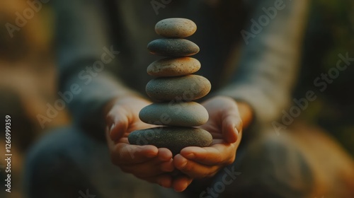 Close-up of hands carefully stacking smooth river stones, representing balance in nature, mindfulness, and sustainable living. conveys harmony, patience, and a deep connection with the environment