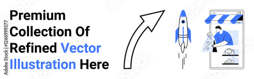 Rocket ascending with flames, designer crafting on tablet, arrow indicating progress. Ideal for innovation, design, creativity, marketing, technology startups online businesses. Flat landing page