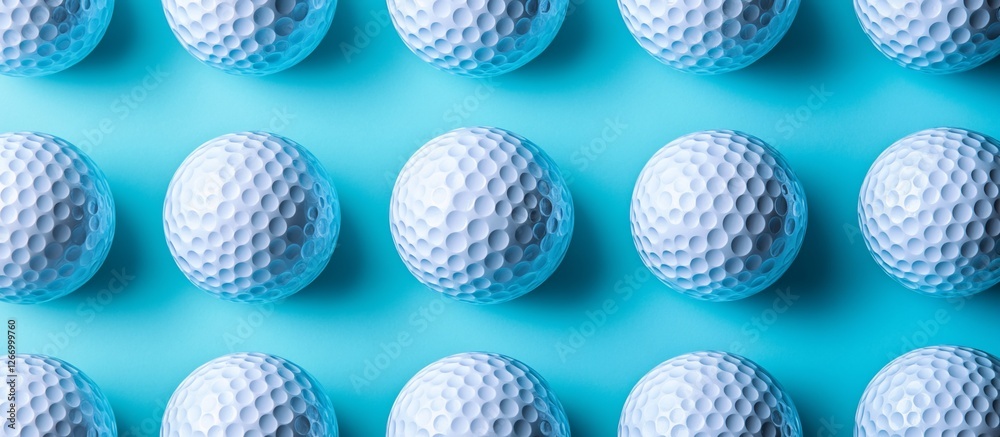 A collection of white golf balls neatly arranged on a vibrant blue background A collection of white golf balls neatly arranged on a vibrant blue background