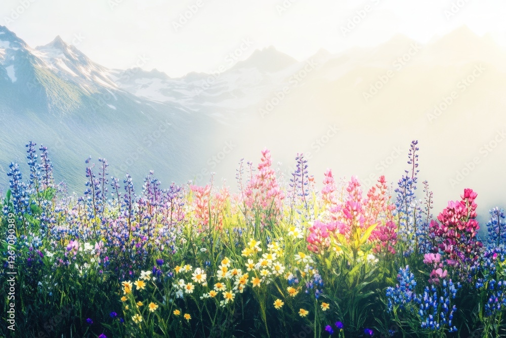 Naklejka premium Vibrant wildflowers bloom in a picturesque mountain meadow, bathed in soft sunlight.