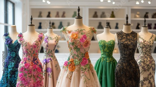 Elegant evening gowns with colorful floral embroidery displayed on mannequins inside a luxury fashion boutique.