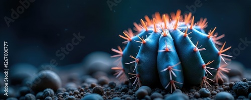 Prickly metallic silver cactus with glowing blue spines, metallic silver, glow, succulent photo