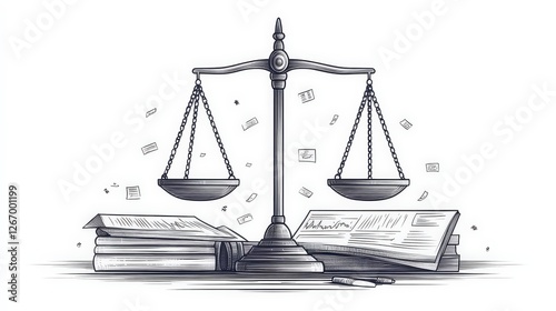 A balanced scale of justice surrounded by legal documents and books, symbolizing law and order