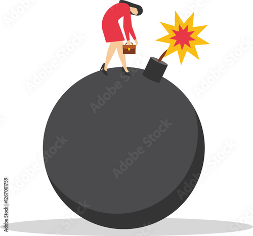 Young stressed unhappy woman sitting on bomb feeling unsafe and despair. Modern vector illustration in flat style

