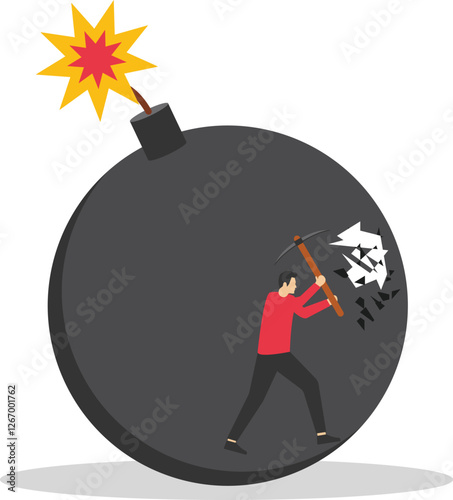 Strong businessman inside bomb trying to get out. Difficult decision making. Flat vector illustration

