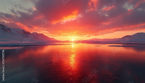 A vibrant sunset over a glacier with melting ice reflecting warm colors, emphasizing the beauty of nature, 