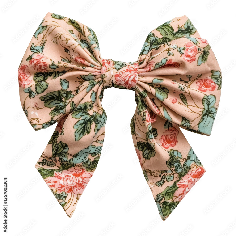 Naklejka premium large floral hair bow in soft pastel colors, featuring pink roses and green leaves, perfect for adding touch of elegance to any hairstyle