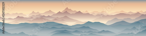 Sunrise in the mountains, morning light and fog, vector illustration, panoramic view