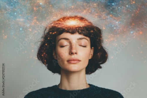 A serene woman with closed eyes, exuding tranquility and inner peace, surrounded by a cosmic glow, representing mindfulness and self discovery in a dreamy atmosphere photo