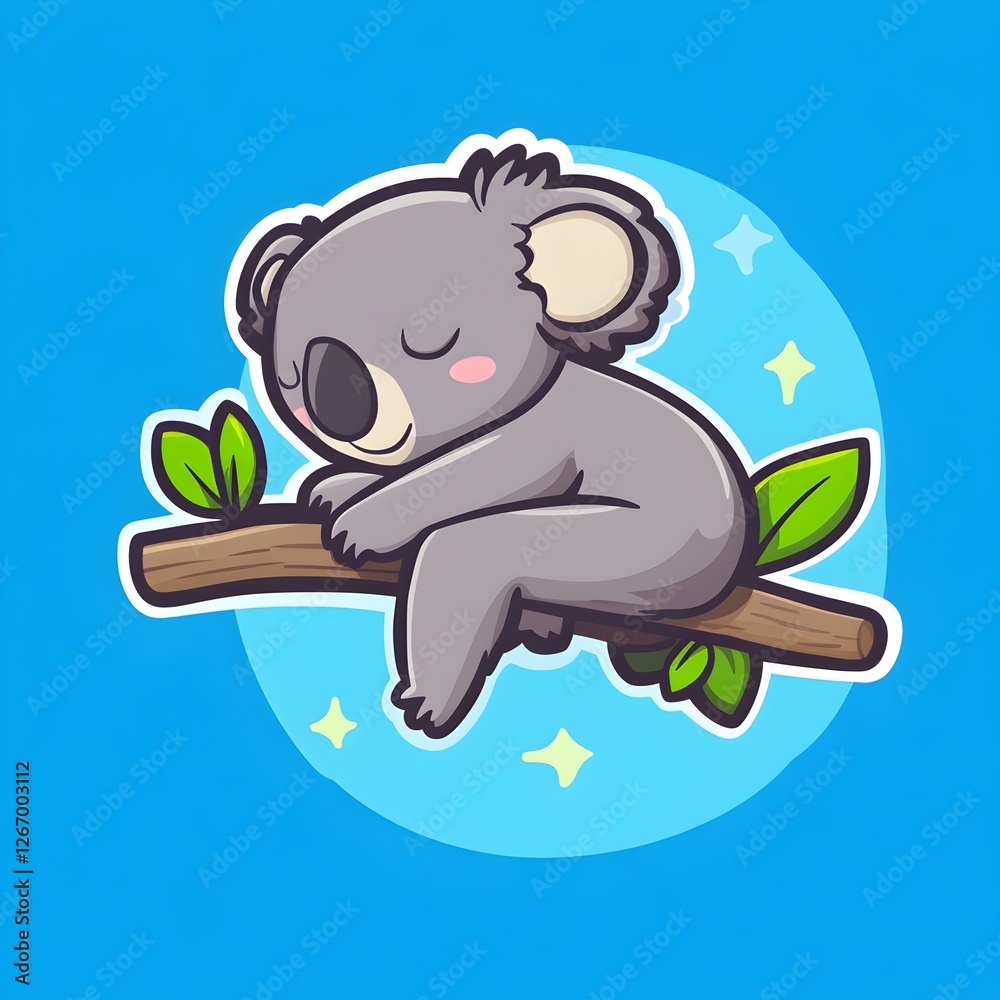 Sleeping Koala on Branch with White Outline on Blue Background Sleeping Koala on Branch with White Outline on Blue Background