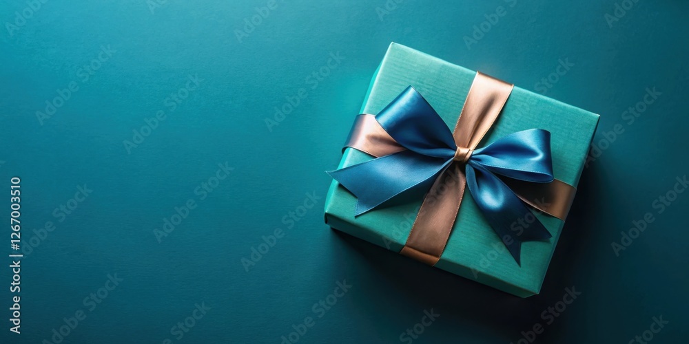A teal gift box with a bronze and blue ribbon bow on a dark teal background