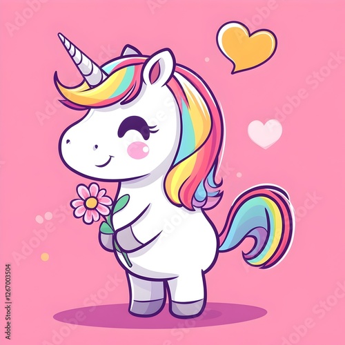 Wallpaper Mural Cute Cartoon Unicorn Holding a Flower with Rainbow Mane and Heart Speech Bubble on Pink Background Torontodigital.ca