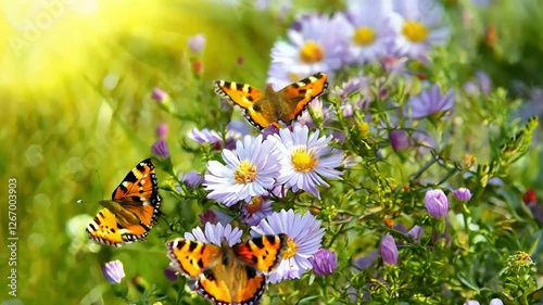 Butterflies fluttering among blooming wildflowers under bright sunlight in a vibrant garden