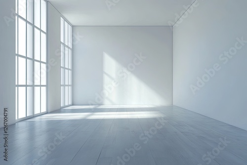 Sunlit empty room, hardwood floor, large window, interior design