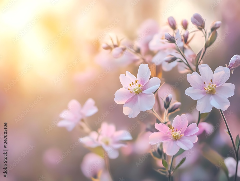 Colorful Spring Flowers with Soft Golden Light, Dreamy Floral Scene with Delicate Blue and White Petals, Lush Greenery, and Gentle Bokeh Background for a Serene Atmosphere