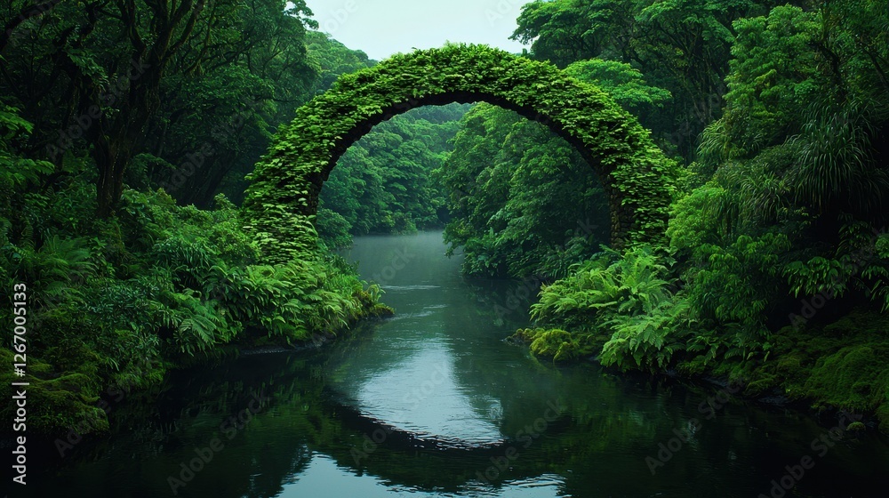 Lush Greenery Embraces Tranquil River Through Arching Natural Bridge in Serene Woodland Setting Lush Greenery Embraces Tranquil River Through Arching Natural Bridge in Serene Woodland Setting