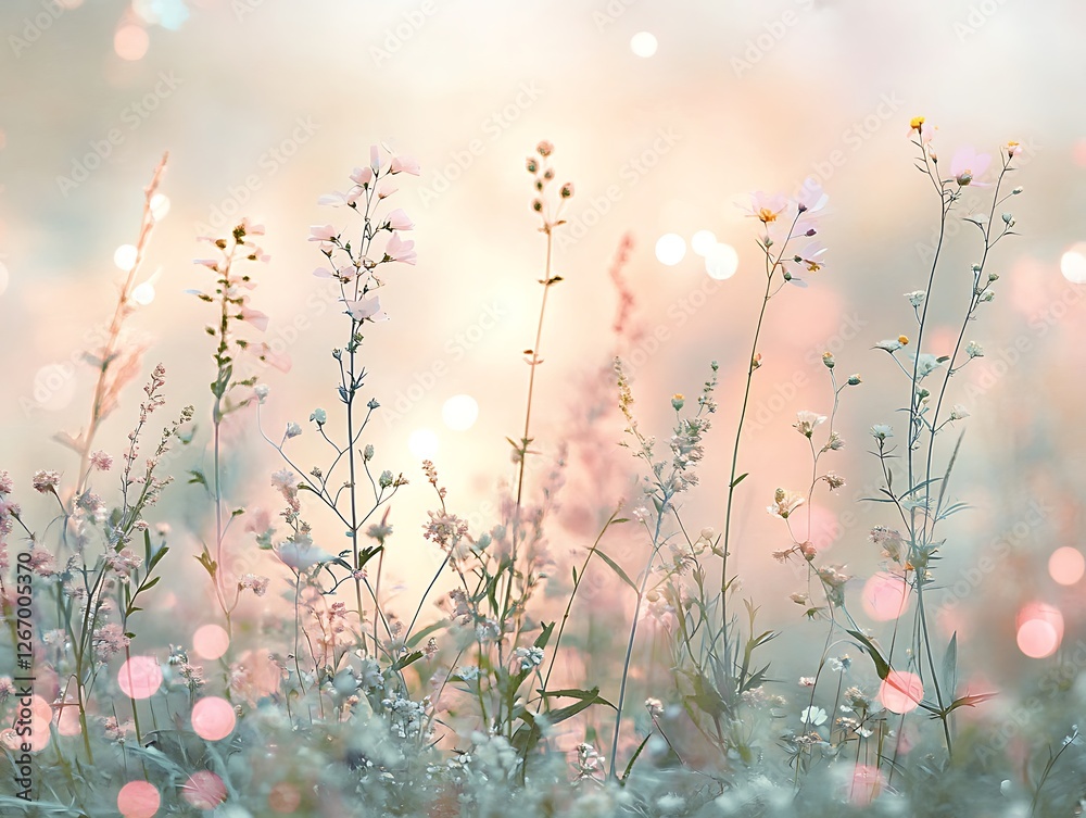 Colorful Spring Flowers with Soft Golden Light, Dreamy Floral Scene with Delicate Blue and White Petals, Lush Greenery, and Gentle Bokeh Background for a Serene Atmosphere Colorful Spring Flowers with Soft Golden Light, Dreamy Floral Scene with Delicate Blue and White Petals, Lush Greenery, and Gentle Bokeh Background for a Serene Atmosphere