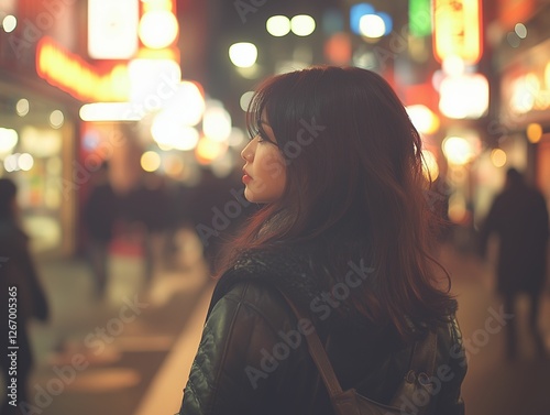 young woman walking on the street at night