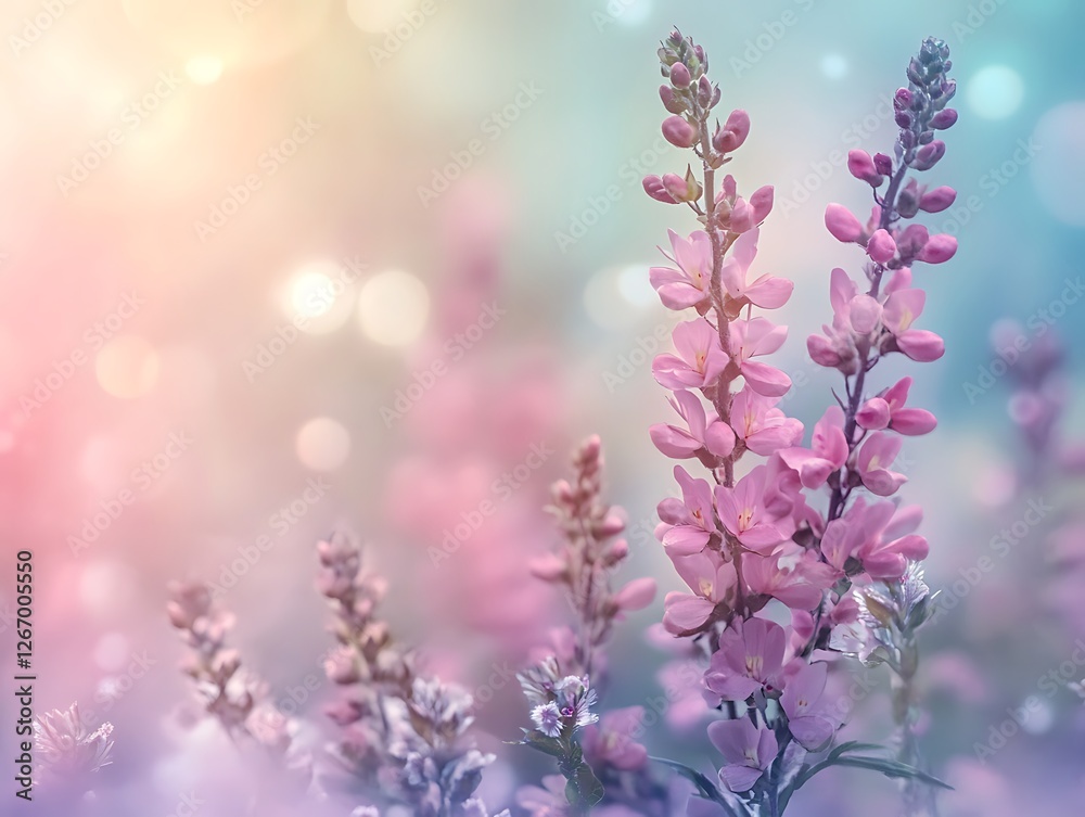 Obraz premium Colorful Spring Flowers with Soft Golden Light, Dreamy Floral Scene with Delicate Blue and White Petals, Lush Greenery, and Gentle Bokeh Background for a Serene Atmosphere