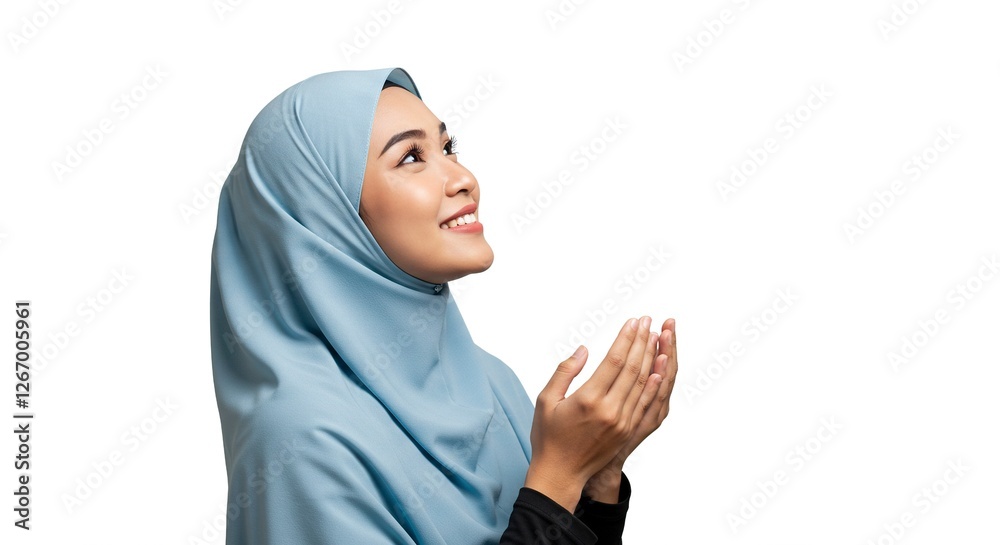 Muslim Woman Praying Wearing Hijab Looking Upward in Peaceful Supplication Muslim Woman Praying Wearing Hijab Looking Upward in Peaceful Supplication