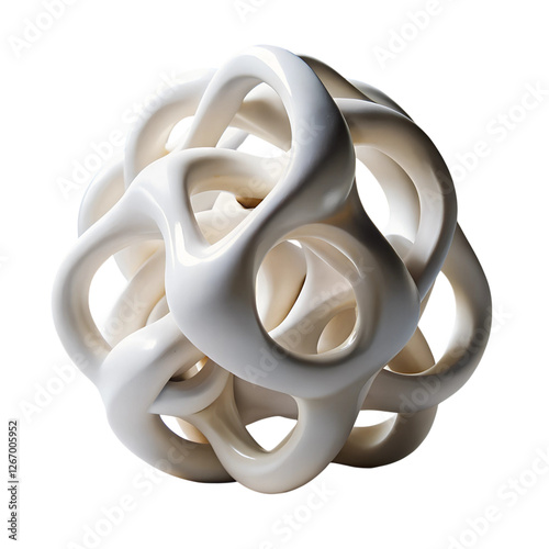 Abstract White Ceramic or Porcelain Sculpture with Looped and Twisted Organic Geometric Shapes in Modern Art Gallery Exhibition Space  isolated on Transparent Background.
