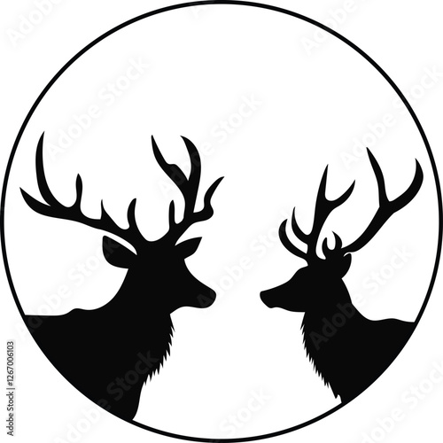 Silhouette of Two Deer Heads in Circular Frame Minimalist Design, Black and White Wildlife Illustration with Antler Detail, Nature-Inspired Monochrome Deer Logo in Vector Style
