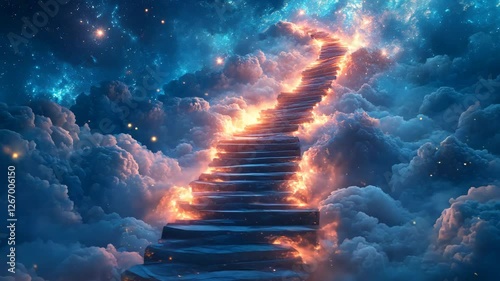 Stairway to Heaven ascending steps among clouds spiritual path hope journey afterlife inspiration fantasy dreams ethereal projects.