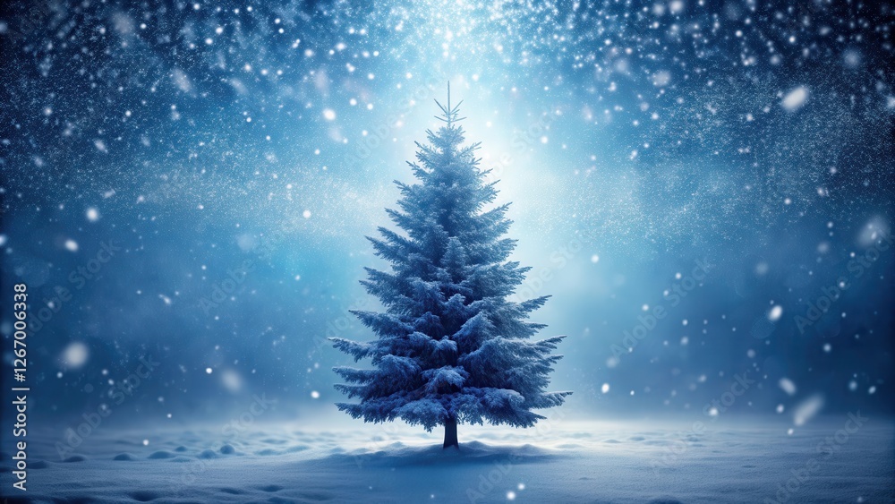 A solitary snow-covered evergreen tree stands in a winter wonderland, illuminated by a soft, ethereal glow amidst falling snow. A solitary snow-covered evergreen tree stands in a winter wonderland, illuminated by a soft, ethereal glow amidst falling snow.