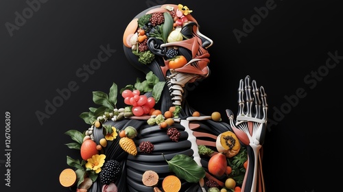 Anatomical visualization merging muscular structure with colorful produce, revealing intricate connections between nutrition, bodily systems, and holistic wellness